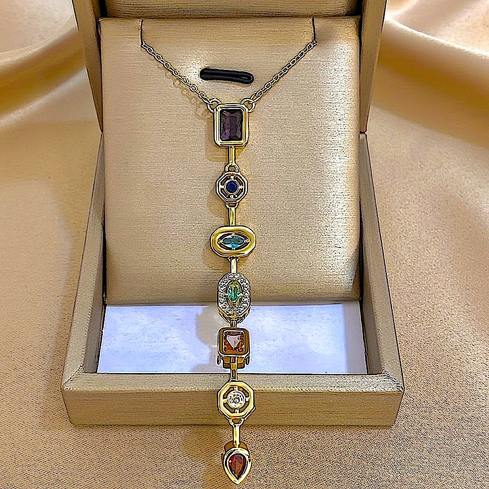 Gold Plated Stainless Steel Multicolor Zircon Tier Necklace Statement - Picture 3 of 17